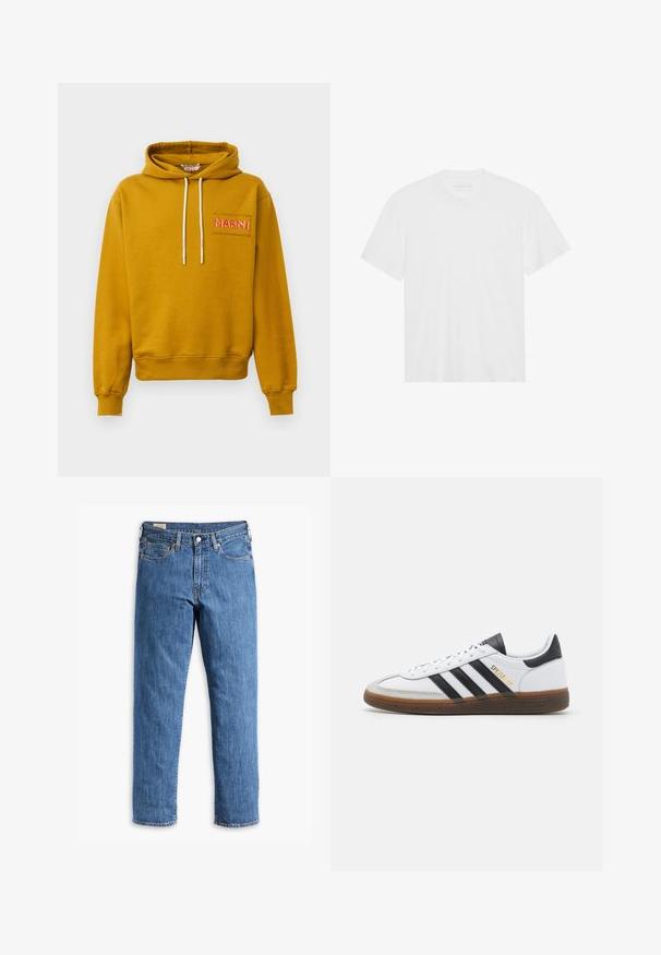 Sinapsveida dzeltena kapuce svīteris, izgatavots no kokvilnas; tam ir priekšējā kabata ar "MARNI" izšūtām rozā diegiem un baltiem auklām.; Balta kokvilnas t-kreklā ar īsām piedurknēm, apaļu kakla izgriezumu un taisnu apakšmalu. Gluda tekstūra, minimālistisks dizains bez rakstiem vai akcentiem.; Zilā džinsu bikses ar taisnu kāju griezumu, vara kniedēm un piecu kabatu dizainu. Iespējojums ar šūtu apakšmalu un klasisku jostu ar jostu cilpām.; Baltas ādas sneakers ar melniem zamšādas akcentiem, trim melnām svītrām, bēša gumijas zolēm un zelta "SPEZIAL" zīmolu sānos.