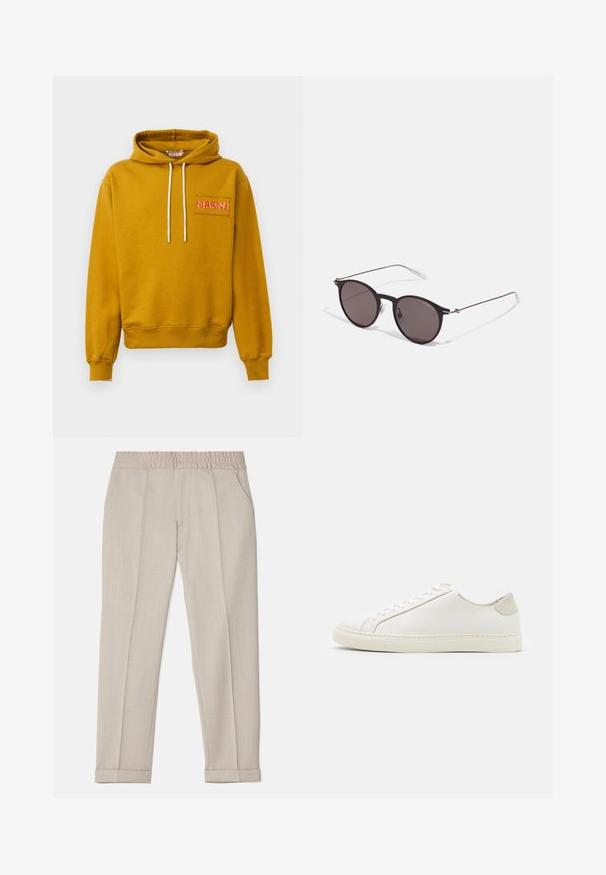 Felpa con cappuccio color giallo senape realizzata in cotone; presenta una tasca frontale con "MARNI" ricamato in cucitura rosa e lacci bianchi.; Filippa K TERRY CROPPED TROUSERS - Pantaloni - sage melange; Sneaker bianca in pelle con superficie liscia, punta rotonda e design minimalista. Presenta dettagli beige sul tallone e una suola in gomma.; Occhiali da sole neri rotondi con lenti scure e sottili bracci in metallo. Include punte trasparenti e accenti argentati alla cerniera. Design minimalista.