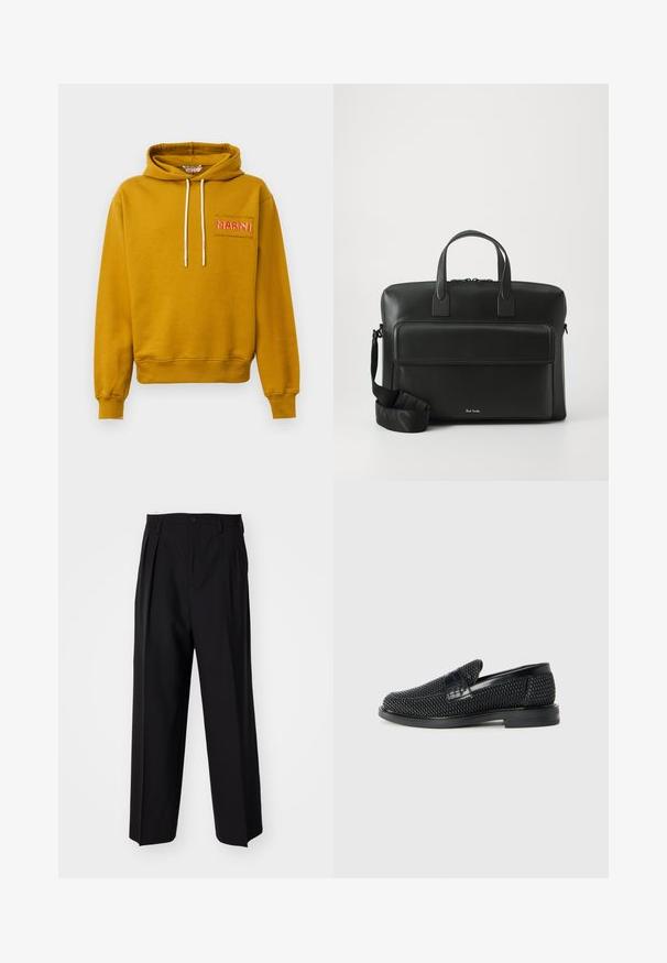 Horčicová žltá mikina s kapucňou vyrobená z bavlny; má predné vrecko s vyšitým nápisom "MARNI" v ružovom stehu a biele šnúrky.; Čierne skladané nohavice s rovnom, širokým strihom. Vyrobené z hladkého materiálu, s gombíkovým zapínaním a pútkami na opasok.; Čierne tkané slip-on topánky s hladkým koženým akcentom na vrchnej časti, s okrúlym dizajnom špičky a nízkoprofilovou gumovou podrážkou.; Čierna kožená aktovka s dvoma hornými rúčkami, predným vreckom a odnímateľným popruhom, s diskrétnym logom na spodnej časti.