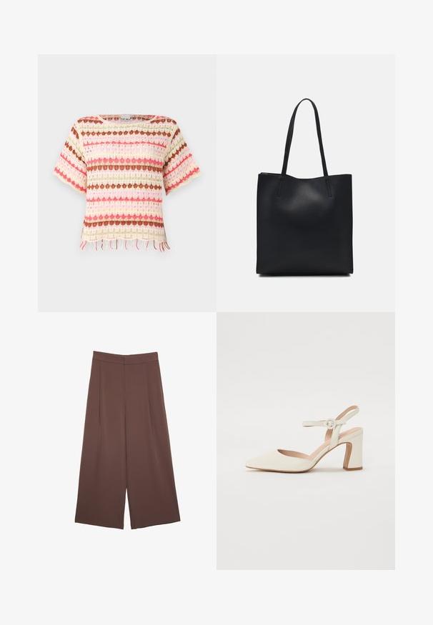 Spitzenstrickoberteil mit bunten horizontalen Streifen in Pink, Rot, Grün und Braun. Kurze Ärmel und fransiger Saum.; Braune Weite-Leg-Hosen mit einer glatten Textur, hoher Taille und Vorderfalten. Der Stoff ist leicht und fällt locker.; Spitz zulaufender, cremefarbener Pumps mit Blockabsatz. Verfügt über ein dünnes Knöchelriemchen mit einer runden Schnalle und einer glatten Lederoberfläche.; Schwarze Laptoptasche aus Leder mit glatter Textur, rechteckiger Form und zwei langen Griffen. Keine sichtbaren Beschläge oder Verzierungen.