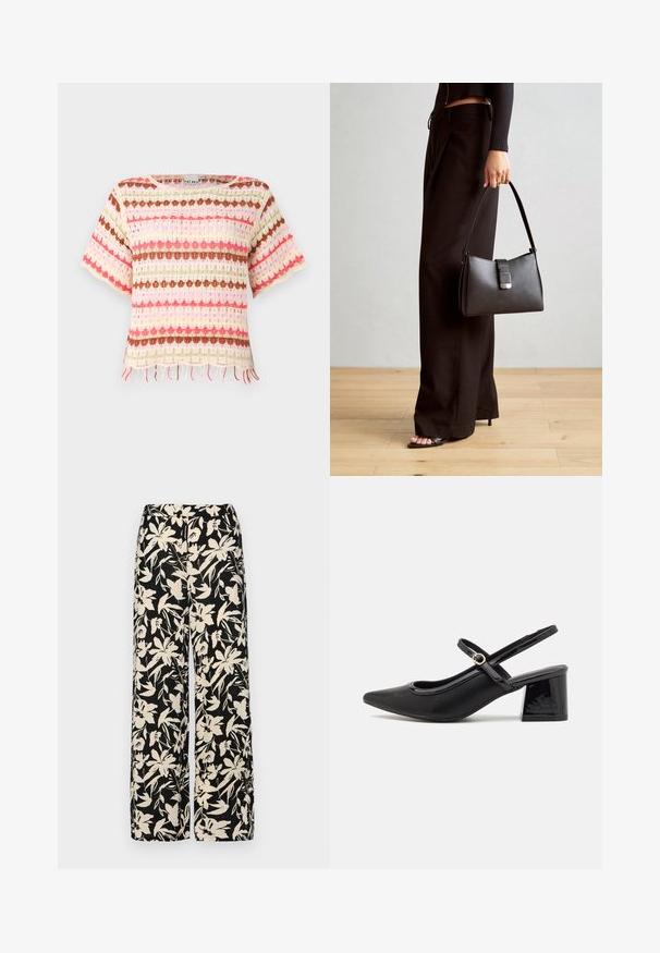 Csipke kötésű felső élénk vízszintes csíkokkal rózsaszín, piros, zöld és barna színben. Rövid ujjak és rojtos szegély részlet.; Fekete, bő szárú nadrág krém színű virágmintával. Könnyű anyagból készült, sima tapintású és magas derékrésszel rendelkezik.; Fekete lakk bőr, pántos magassarkú cipő, hegyes orral, lekerekített kivágással és tömbsarkal. Arany színű csat díszíti.; Fekete kézi táska strukturált formával, sima textúrával és fémből készült záródással. Széles fekete nadrággal és nyitott orrú szandállal párosítva, fából készült padlón.