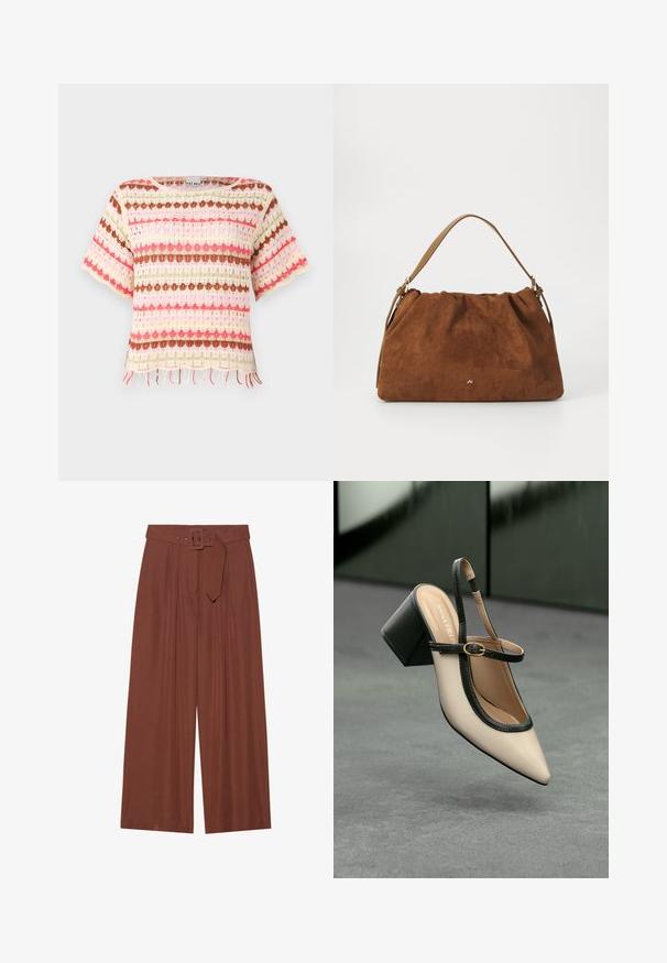 Džerski top s čipkastim pletenjem u raznobojnim horizontalnim prugama u ružičastoj, crvenoj, zelenoj i smeđoj boji. Kratki rukavi i detalj s resama na rubu.; Hlače širokih nogavica od smeđeg materijala, s remenom sa kvadratnom kopčom, nabranim dizajnom i glatkom teksturom.; Bež cipele s otvorenom petom i šiljastim vrhom, crnim obrubom, zlatnom kopčom i debelim blok-petom na sivom podu s tamnozelenom pozadinom.; Smeđa nubuk torba s nabranim dizajnom, s jednim tamnim kožnim remenom i suptilnim zlatnim logotipom na prednjoj strani.