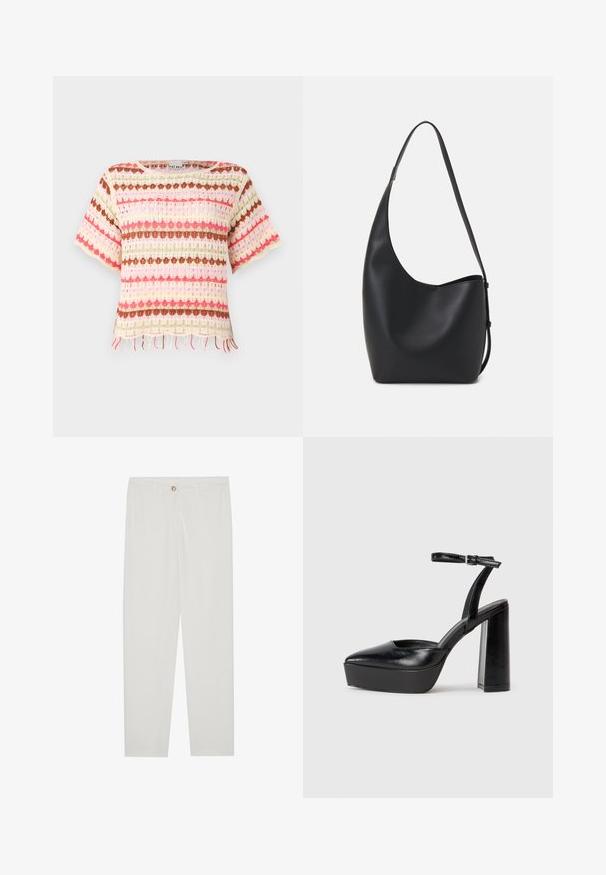 Kudumisest pehme pitsist topp, millel on roosad, punased, rohelised ja pruunid horisontaalsed triibusid. Lühikesed varrukad ja pitsiline ääredetail.; Valged kohandatud püksid sirge lõikega, varustatud nupuga kinnitusega, vöödega ja küljetaskutega; sile kangatekstuur.; Mustad platvormi kontsad terava ninaga ja reguleeritava pahkluuraamiga. Valmistatud siledast nahast, funktsioneerib massiivse plokknäheeliga.; Mustast nahast hobo kott, millel on sile tekstuur, kumer kuju ja üks reguleeritav rihm; peal on lai avaus.