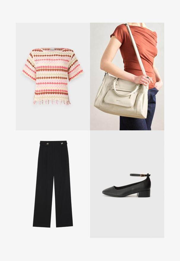 Džerski top s čipkastim pletenjem u raznobojnim horizontalnim prugama u ružičastoj, crvenoj, zelenoj i smeđoj boji. Kratki rukavi i detalj s resama na rubu.; Crne hlače širokih nogavica s visokim strukom, s dugmadi na pojasu i prednjim nabora.; Crne kožne pumpe s oštrim vrhom i niskom blok petom. Sadrže remen oko gležnja s zlatnim kopčanjem. Glatka tekstura.; Bijela kožna torba s dvije ručke i odvojivim remenom, s prednjim zatvornim džepom i glatkom teksturom. Drži se na ruci osobe.