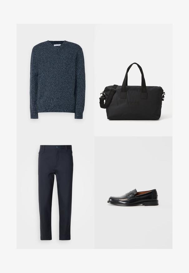 Tengerészkék kötött pulóver, V nyakkal, hosszú ujjal és texturált felülettel. Laid-back, laza fazon, bordás mandzsettákkal és aljjal.; Sötétkék, sima anyagból készült, testre szabott nadrág, cipzáros zsebbel, egyenes lábakkal és gombos záródással a derék részen.; Fekete bőr lófarok, lekerekített orral, a felső részen kiemelt varrási részlettel és alacsony, réteges sarokkal. Simább textúra és formális dizájn.; Fekete nylon sporttáska két felső fogantyúval és leválasztható vállpánttal. Dombornyomott logóval és sima textúrával rendelkezik, cipzárral záródik.