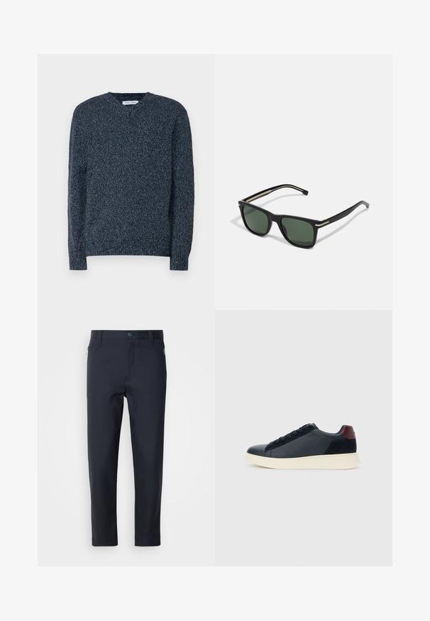 Tengerészkék kötött pulóver, V nyakkal, hosszú ujjal és texturált felülettel. Laid-back, laza fazon, bordás mandzsettákkal és aljjal.; Sötétkék, sima anyagból készült, testre szabott nadrág, cipzáros zsebbel, egyenes lábakkal és gombos záródással a derék részen.; Fekete bőr és velúr alacsony szárú férfi sneaker, bordó sarokpanellel és fehér gumi talppal, oldalnézetből.; BOSS Napszemüvegek - black