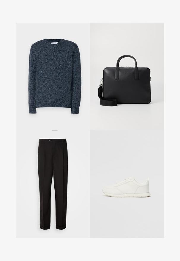 Tengerészkék kötött pulóver, V nyakkal, hosszú ujjal és texturált felülettel. Laid-back, laza fazon, bordás mandzsettákkal és aljjal.; Fekete nadrág sima textúrával, egyenes szabással, két elülső zsebbel és egy gombbal zárható derékkal.; Fehér sneaker hálós és szintetikus felsőrésszel, kerek orral, lapos fűzőkkel és textúrázott oldalsávval. Gumi talp hátul húzófüllel.; Fekete bőr aktatáska strukturált felülettel, kettős fogantyúval, levehető vállpánttal és elülső logóval. Cipzáras záródás.