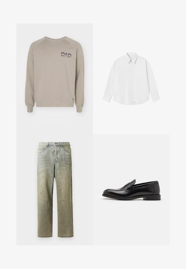 Ron Dorff BOX PRINT - Melegítőfelső - dusty beige; Fehér gombos ing, klasszikus gallérral, hosszú ujjakkal és kerekített aljjal; a bal alsó részen kis narancssárga logó található.; Fakó zöld, kopott farmerszadrág, egyenes lábbal, ötk zsebes kialakítással, egyenetlen kopással és festékcseppekkel.; Fekete bőr loaferek sima textúrával, kerek orral és dekoratív pánttal a vampnál. Alacsony, rétegelt sarkú, minimalista dizájn.