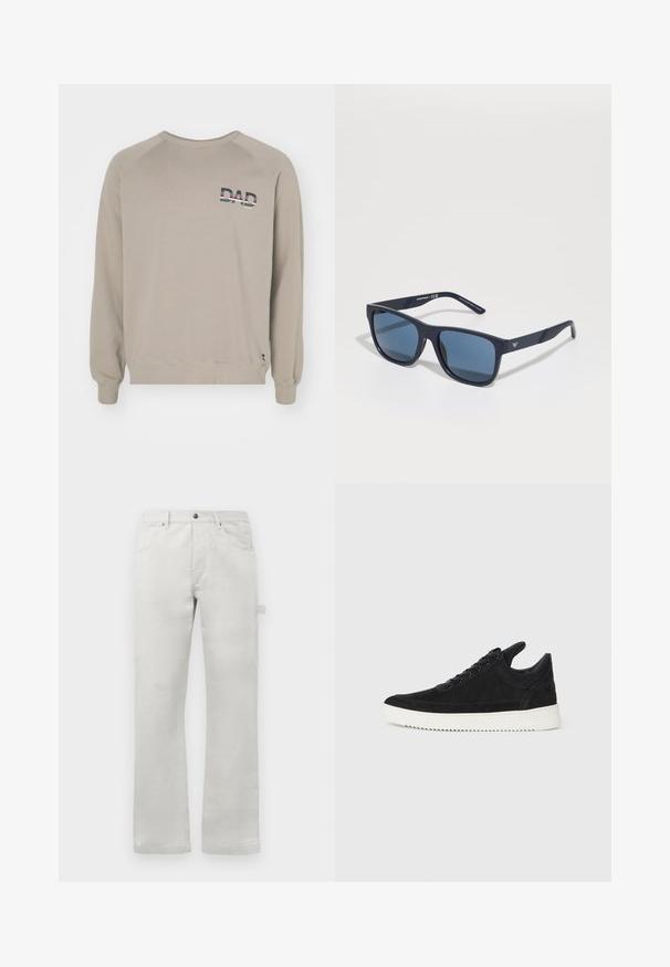 Ron Dorff BOX PRINT - Sweatshirt - dusty beige; Light gray trousers with a straight fit, made of smooth cotton fabric, featuring front pockets and a side cargo pocket.; Black suede sneaker with a white rubber sole, featuring tonal stitching and lace-up design. Smooth texture with a modern, streamlined shape.; Blue rectangular sunglasses with dark lenses, matte navy frame, logo detail on the temple, straight arms, and a solid, smooth texture.