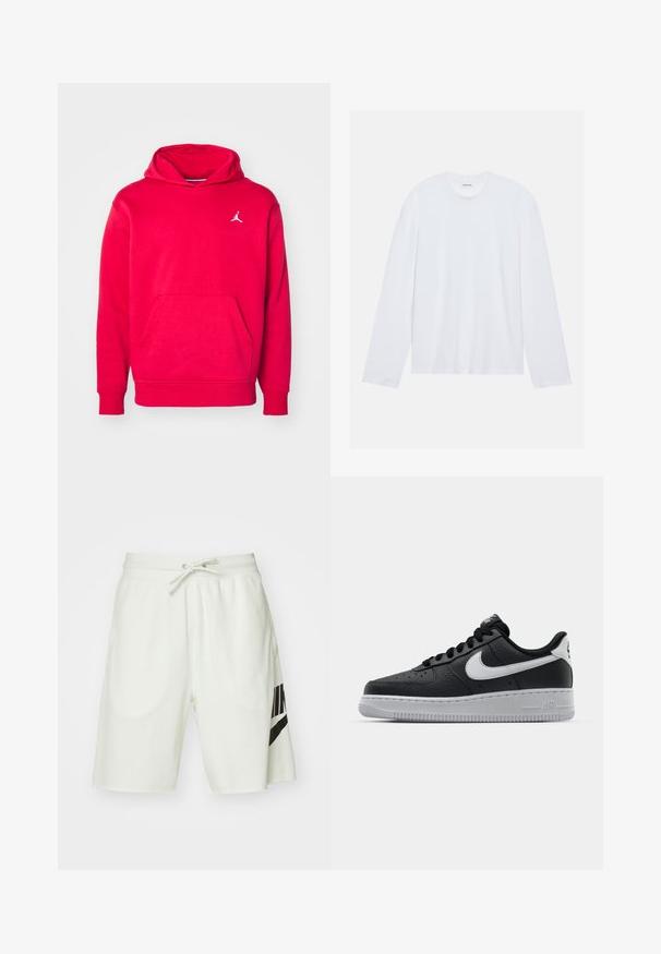 Rote Kapuzenjacke aus weichem Stoff, mit einer Kängurutasche und einem kleinen weißen Logo auf der Brust. Gerippte Bündchen und Saum.; Weißes Langarm-T-Shirt aus Baumwolle. Es hat einen klassischen Rundhalsausschnitt und abfallende Schulternähte, mit einer glatten, einfarbigen Textur.; Helle graue Baumwollshorts mit einem elastischen Bund, verstellbarem Kordelzug und einem schwarzen Nike-Logo auf der linken Seite.; Schwarze Ledersneaker mit strukturierten Oberflächen, weißem Nike-Swoosh, grauer Sohle, runder Zehenpartie und Schnürdesign. Verfügt über Perforationen an der Zehenbox.