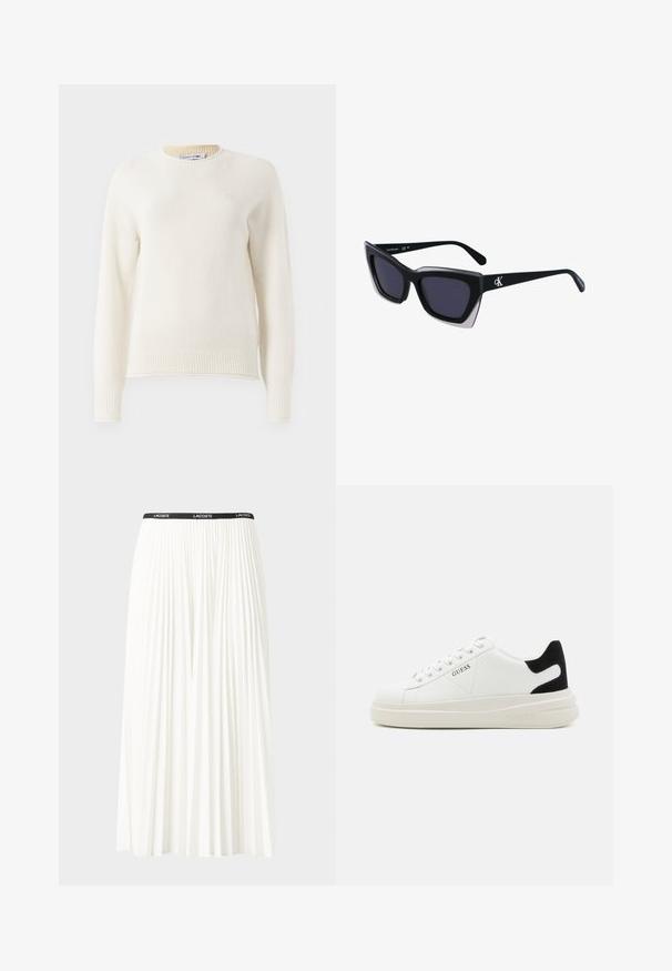 Offwhite gestrickter Pullover mit langen Ärmeln, gerippten Bündchen und Saum, rundem Halsausschnitt und kleinem gestickten Logo auf der Brust.; Faltenrock aus Weiß mit einem schwarzen elastischen Bund, der das "LACOSTE"-Logo trägt. Mittellanges Design mit weicher Textur.; Weiße Leder-Sneaker mit einer dicken weißen Sohle, schwarzem Wildlederakzent an der Ferse und geprägtem Logo an der Seite. Schnürdesign mit sechs Ösen.; Schwarze übergroße Sonnenbrille mit geometrischer Form, ausgestattet mit dunklen Gläsern und einem kontrastierenden grauen Detail im Rahmen. Logo am Bügel.