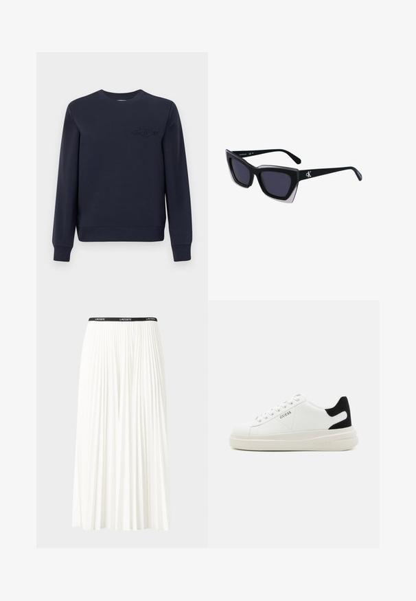 Sudadera azul marino de algodón suave con cuello redondo, puños acanalados y dobladillo. Presenta un logo bordado en el pecho.; Falda blanca plisada con una cinturilla elástica negra que presenta el logotipo "LACOSTE". Diseño de longitud media con textura suave.; Zapatillas blancas de cuero con una suela blanca gruesa, acento en el talón de ante negro y logo grabado en el lateral. Diseño de cordones con seis ojales.; Gafas de sol negras de gran tamaño con una forma geométrica, que presentan lentes oscuros y un detalle gris contrastante en la montura. Logo en la pata.