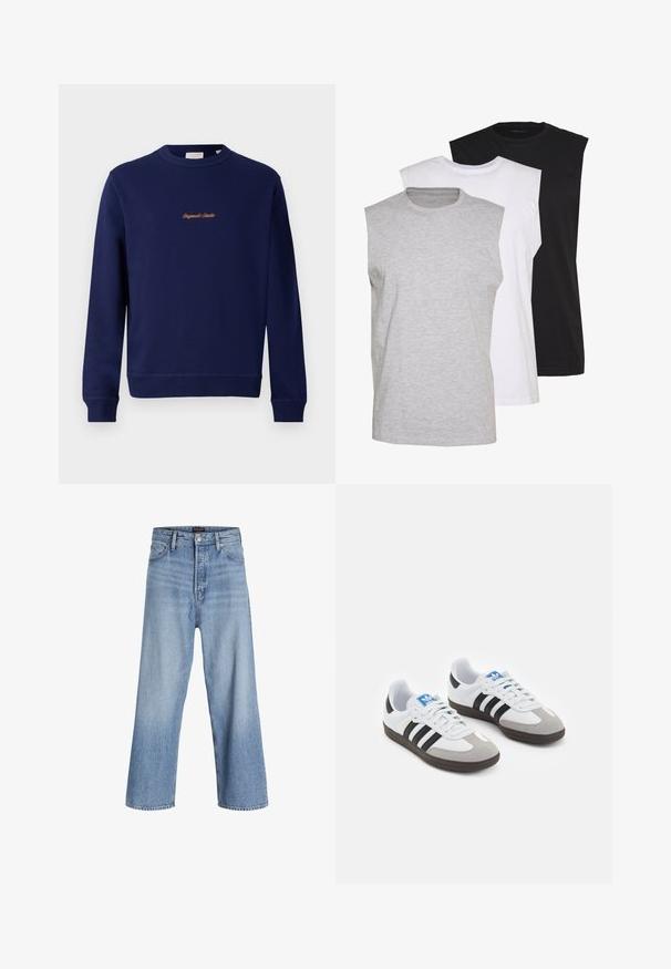 Felpa blu navy in cotone, con colletto rotondo, polsini a costine e un piccolo logo arancione ricamato sul davanti.; Tre magliette senza maniche in grigio, bianco e nero. Materiale in cotone morbido con scollatura a girocollo e vestibilità rilassata. Design semplice, senza motivi.; Jeans a palazzo in denim blu chiaro con vita alta, dotati di chiusura a bottoni, design a cinque tasche e un leggero effetto sbiadito. Orli puliti.; Scarpe sportive con tomaia in pelle bianca, punta in suede grigia e tre strisce nere. Presentano un logo blu sulla linguetta e una suola in gomma testurizzata.