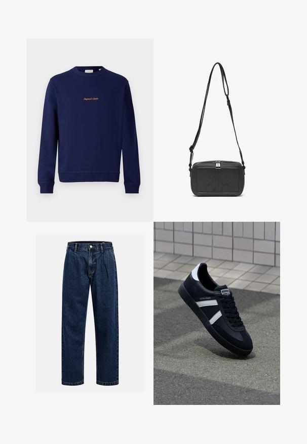 Navy blue sweatshirt made of cotton, featuring a round neck, ribbed cuffs, and a small orange embroidered logo on the front.; Dark blue denim jeans with a straight-leg design. Features visible stitching, a button closure, and front pleats for added detail.; Black leather sneaker with white stripes, textured rubber sole, and lace-up front. Features a branded label on the tongue.; Black leather crossbody bag with a zip closure, embossed logo on the front, and adjustable strap. Smooth texture with a rectangular shape.