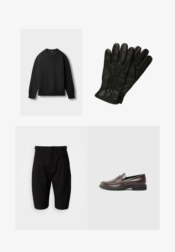 Svart strikket crewneck-genser med lange ermer og ribbestrikkede mansjetter, kant og krage, utstilt flatt på en lys bakgrunn.; Sorte shorts laget av et glatt stoff, med plisserte detaljer foran, beltehemper og skreddersydd design med rette ben over kneet.; Brune lærloafers med en glat finish, der har en subtil syet detalje på overdelen og en sort gummisål.; Sorte skinnhansker med en glatt tekstur, fem fingre og subtile sømdetaljer. Klassisk design, egnet for bruk i kalde værforhold.