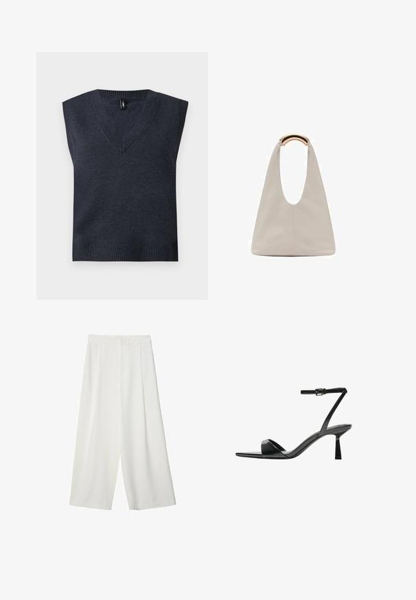 Tummanharmaa ilmanlepattava neuleliivi, jossa on V-pääntie ja ribbaushelma. Tasainen pinta; yksinkertainen muotoilu ilman lisäkuvioita tai -yksityiskohtia.; Valkoiset, leveät, lyhyet housut sileällä pinnalla, joissa on litteä etuosa, eivätkä niissä ole näkyviä kiinnityksiä tai taskuja.; Bershka Korolliset sandaalit - black; Vaalea harmaa nahkalaukku, jossa on U-muotoinen muotoilu ja kaareva metallikahva. Suora pinta, jossa on minimaalinen ompelu ja ei näkyviä kuvioita.