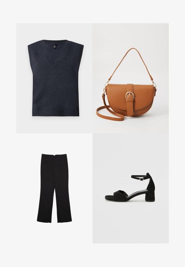 Dunkelgrauer ärmelloser Strickpullover mit V-Ausschnitt und geripptem Saum. Glatte Textur; schlichtes Design ohne zusätzliche Muster oder Akzente.; Schwarze Hose mit geradem Schnitt, ausgestattet mit Fronttaschen und Seitenschlitzen am Saum. Hergestellt aus weichem, glattem Stoff. Geeignet für verschiedene Anlässe.; Schwarze Wildleder-Espadrilles mit einem dünnen Knöchelriemen, offener Zehenpartie und moderatem Blockabsatz. Glatte Textur und minimale Akzente.; Braune Leder-Crossbody-Tasche mit geschwungener Form, goldfarbenen Beschlägen und einer Schnallenakzentuierung. Verfügt über einen abnehmbaren Schultergurt.