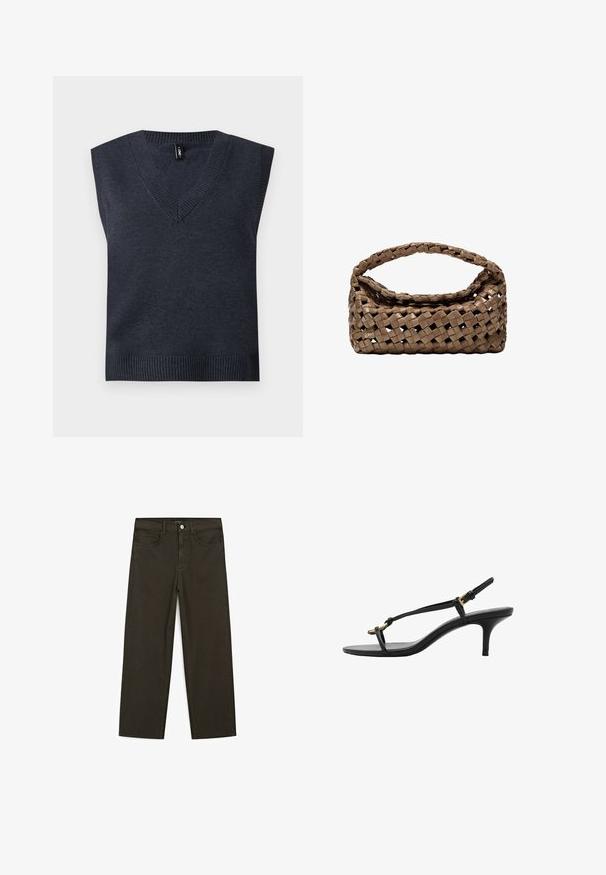 Dunkelgrauer ärmelloser Strickpullover mit V-Ausschnitt und geripptem Saum. Glatte Textur; schlichtes Design ohne zusätzliche Muster oder Akzente.; Dunkelgrüne Jeans im weit geschnittenen Style, hergestellt aus einem Baumwollgemisch. Sie verfügen über einen Frontknopfverschluss, fünf Taschen und klassische Denim-Nähte.; Schwarze Leder-Kitten-Heel-Sandale mit dünnen Riemen, goldener Schnalle und minimalistischer Zehen-Schlaufe vor einem weißen Hintergrund.; Geflochtener brauner Handtasche in rechteckiger Form, mit strukturiertem Griff und texturierter Oberfläche. Verfügt über einen geschlossenen oberen Teil und ein ausgeklügeltes Geflechtmuster.