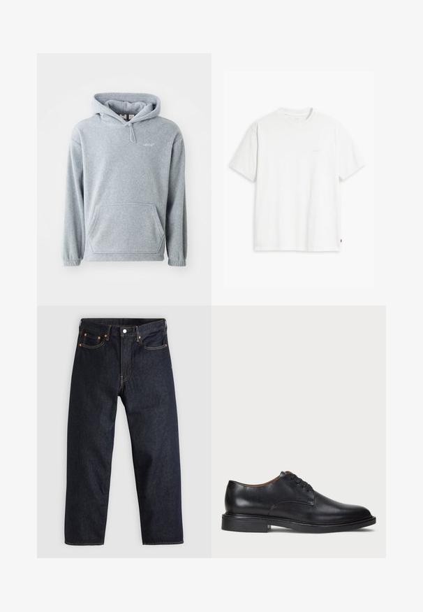 Szürke bolyhos kapucnis pulóver elülső zsebbel, állítható zsinórral ellátott kapucnival és bordázott mandzsettákkal. A mellkasán egy kisebb logó található.; Fehér pamut póló rövid ujjakkal, kerek nyakkal és diszkrét Levi's logóval a középen. Puha tapintású és szabványos szabású.; Sötétkék farmernadrág egyenes szabással, öt zsebbel, kontrasztos narancssárga varrással és gombos záródással. Nem látható rajta mintázat vagy díszítés.; Fekete bőrből készült dresszcipő kerek orral, fűzős kialakítással és alacsony, rétegelt sarkával. Simás felület minimális varrási részletekkel.