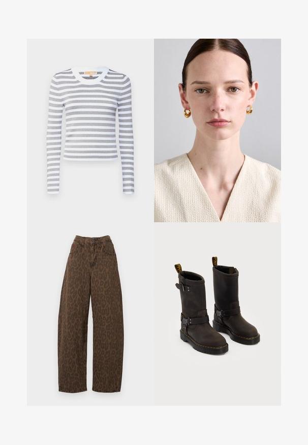 Gestreiftes Langarmshirt in Grau und Weiß, aus geribbeltem Stoff gefertigt. Rundhalsausschnitt mit einfarbigem weißen Besatz, taillierte Silhouette, dehnbarem Material.; Braune Leoprint-Baumwolljeans mit weitem Bein, hohem Bund, Knopfverschluss und zwei Fronttaschen. Hergestellt aus Denim-Stoff mit glatter Textur.; Dunkelbraune Lederstiefel mit einem Design bis zur Mitte der Wade, gelben Nähten, verstellbaren Schnallenriemen und Zuglaschen oben. Strukturierte Oberfläche.; Goldene Creolen mit einer glatten Oberfläche, getragen von einer Person mit heller Haut, die ein Oberteil aus strukturierter cremefarbener Baumwolle mit einem V-Ausschnitt trägt.