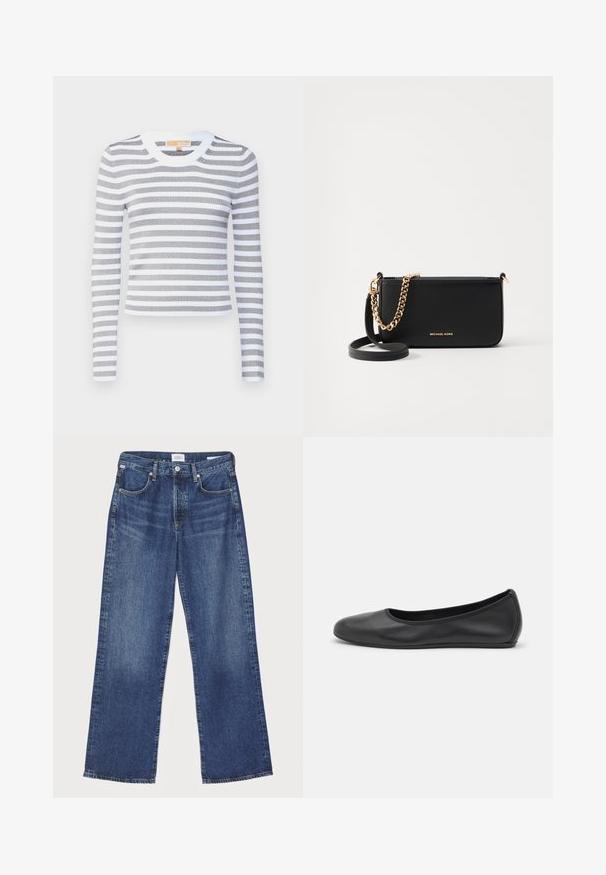 Stribet langærmet top i grå og hvid, lavet af ribbet stof. Rund halsudskæring med solid hvid kant, tætsiddende silhuet, strækbart materiale.; Citizens of Humanity ANNINA - Jeans Straight Leg - westwood dark indigo; Sort læderballetsko med rund tå, glat tekstur, minimal syning og et fleksibelt såldesign.; Sort læder clutch med en guldkædeaccent, glat tekstur og detaljer med guldlogo. Inkluderer en justerbar rem for alsidighed.