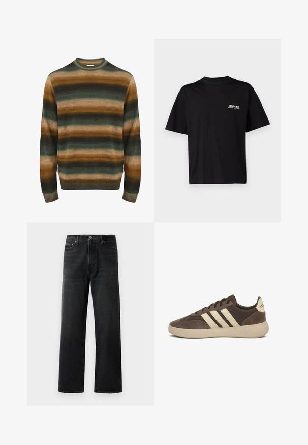Pull rayé dans des nuances de vert, marron et beige. Présente une texture côtelée, un col rond et des manches longues avec un bord ajusté.; T-shirt en coton noir à manches courtes, col rond, avec impression sur la poitrine gauche en texte blanc et doré, offrant une coupe décontractée.; Jean noir avec une coupe droite, en denim. Comprend une fermeture à bouton et un zip, des accessoires en cuivre, et un ourlet légèrement effiloché en bas.; Baskets en suède marron avec trois bandes blanches, bout arrondi, semelle en caoutchouc épaisse et branding minimaliste sur le talon.
