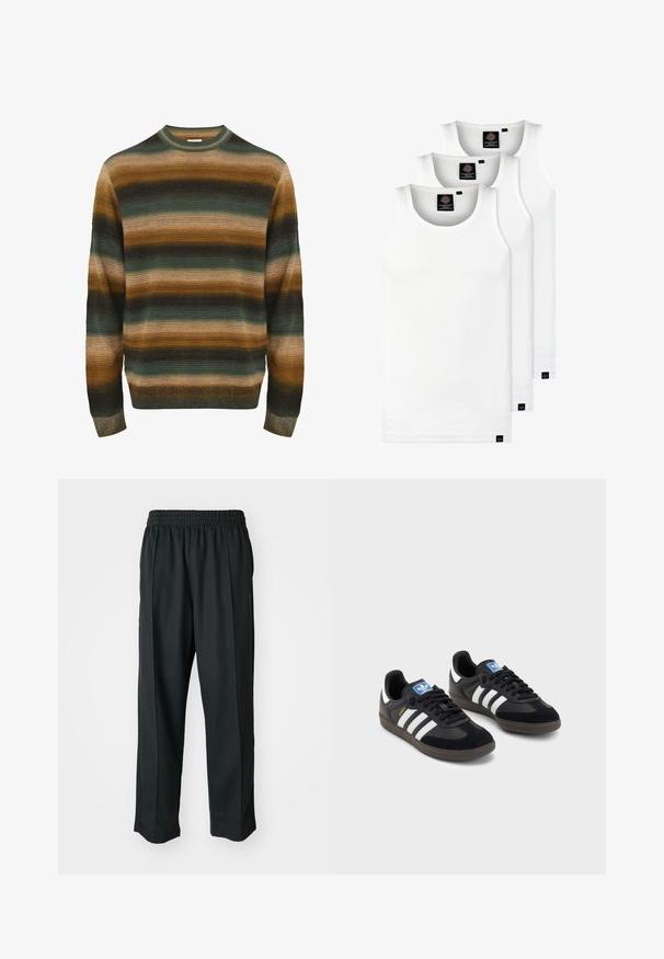 Gestreifter Pullover in Grautönen, Braun und Beige. Verfügt über eine gerippte Struktur, Rundhalsausschnitt und lange Ärmel mit einem enganliegenden Saum.; Drei weiße, gerippte Tanktops aus Baumwolle. Merkmale einen Rundhalsausschnitt und kleine schwarze Etiketten am Saum. In mehreren Größen erhältlich.; Schwarze Sporthosen mit elastischem Bund, aus glattem Stoff, mit dezenten Seitennähten und einem entspannten Schnitt, mit geradem Bein.; Schwarze Sneaker mit einem Obermaterial aus Wildleder und Synthetik, ausgestattet mit drei weißen Streifen, einer strukturierten Gummi-Sohle und einem blauen Logo-Tag auf der Zunge.