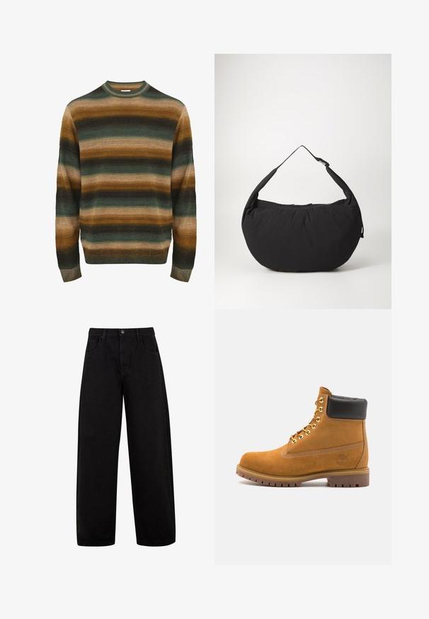 Suéter a rayas en tonos de verde, marrón y beige. Presenta una textura acanalada, cuello redondo y mangas largas con dobladillo ajustado.; Jeans anchos negros de mezclilla, con bolsillos delanteros, cierre de botón y un diseño limpio y minimalista sin patrones visibles.; Botín de ante marrón claro con collar acolchado negro, ojales de metal dorado, detalles de costura blanca y suela de goma resistente con tacos pronunciados.; Bolso de hombro de tela negra con forma curva, que presenta una sola correa y un cierre con cremallera. Textura suave, diseño minimalista.