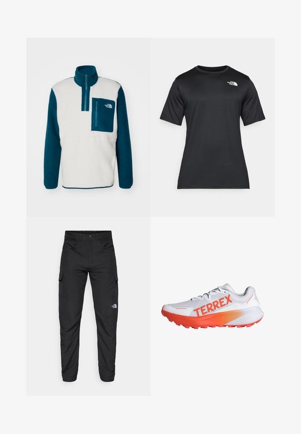 The North Face YUMIORI 1/4 ZIP - Camisola de lã polar - white dune/midnight petrol/mallard blue; Camiseta preta de manga curta feita de um tecido leve e que absorve a umidade. Apresenta um logo branco no lado esquerdo do peito e um decote redondo.; The North Face HORIZON PANT - Calças para exterior - black; Sapatilha de corrida branca com acentos laranja brilhante e a marca "TERREX". Apresenta um cabedal em malha texturizada e uma sola almofadada com cravos de tração.