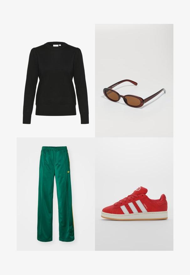 Black knit sweater with long sleeves, round neckline, and ribbed cuffs and hem. Features subtle puff sleeves for added texture.; Green satin athletic pants with a relaxed fit, featuring yellow stripe accents and an embroidered logo on the left side. Elastic waistband.; Red suede sneakers with three white stripes, rubber sole, rounded toe, and cushioned tongue, featuring "CAMPUS" detail on the side.; Round, brown-tinted sunglasses with a glossy burgundy frame. Slim arms with subtle branding detail. Flat lens design.