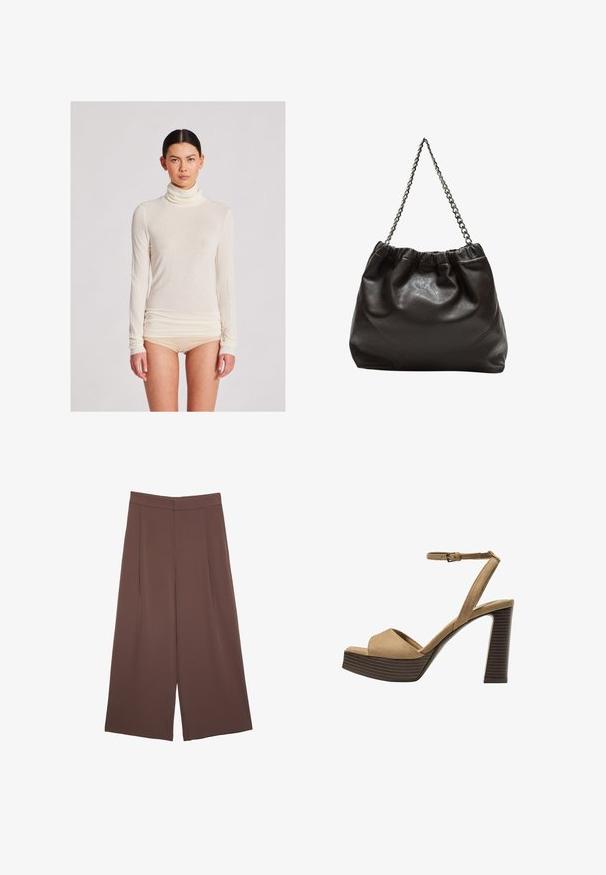 Dolga majica s turtleneck ovratom v kremni barvi, izdelana iz lahkega materiala z gladko teksturo; ima prilegan silhueto in nabran spodnji del.; Rjave široke hlače z gladko teksturo, ki imajo visok pas in sprednje naborke. Tkanina je lahka in prosto pada.; Bež semiš sandali na visoki peti z širokim sprednjim trakom in trakom okoli gležnja, opremljeni z debelim lesenim blokom peto z teksturirano površino.; Rjava usnjena torba z nabranim vrhom in verižnim trakom. Gladka tekstura z sijajno površino in subtilnimi šivi na straneh.