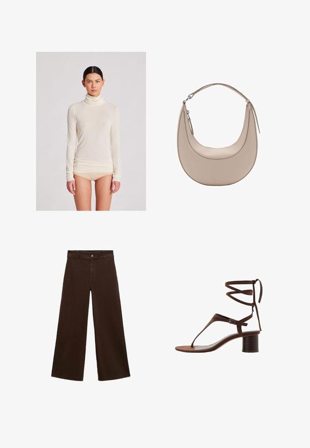 Langharige coltrui in roomkleur, gemaakt van lichte stof met een gladde textuur; heeft een aansluitende silhouet en geplooide zoomdetails.; Bruine wijde broek in katoenmix, met een rafelige zoom, sluiting met een knoop aan de voorkant en een klassieke vijf-pocketstijl. Minimalistisch en veelzijdig.; Bruine suède hoge hak sandaal met een driehoekige teband, enkellinten en een gestructureerde blokhak voor stabiliteit.; Beige leren schoudertas met een halve maanvorm, een soepele textuur en een enkele gebogen handgreep. Voorzien van een ritssluiting en nette stiksels.