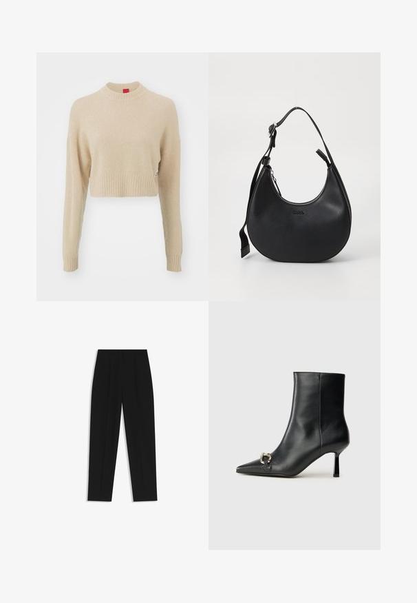 HUGO SELLEN - Jumper - open beige; Black trousers with a straight fit, featuring double pleats, a smooth texture, and a classic waistband design. No visible hardware or accents.; Black leather ankle boot with pointed toe, slim mid-height heel, and silver buckle detail on side against plain background.; Black leather shoulder bag with a curved shape, zip closure, and adjustable strap. Features embossed brand logo on the front.