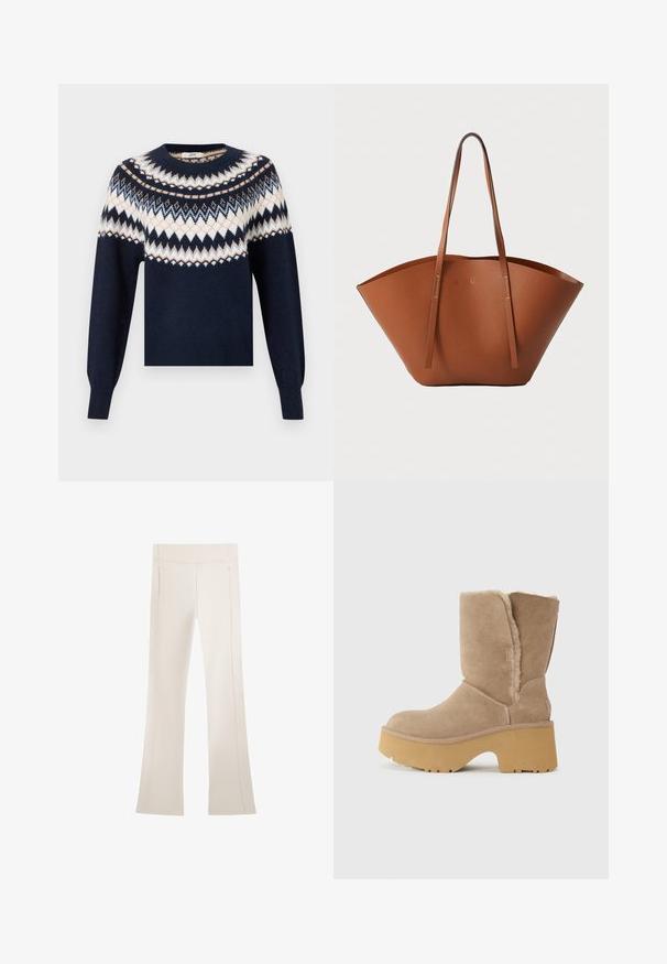 Temno modra pulover s dolgimi rokavi, ki ima bele, bež in svetlo modre cik-cak ter diamante vzorce po prsih in ramenih.; Kremne široke hlače, narejene iz mehkega blaga. Imajo visok pas in stranske zadrge vzdolž šivov. Gladka tekstura po celi površini.; Bež nubuk škornji do sredine teleta z debelim rumenim podplatom, ki imajo mehko teksturirano podlogo in zaobljen oblikovan prst. Enoten zunanji površinski izgled.; Rjava usnjena torba tote z široko, strukturirano obliko, tankimi ročaji in teksturirano površino. Opremljena je z minimalističnim oblikovanjem brez vidne opreme.