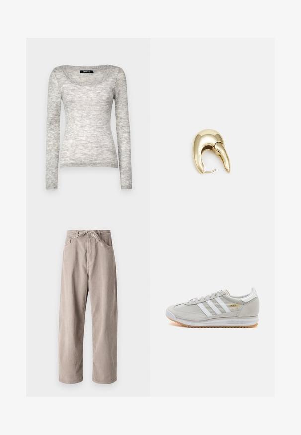 Grauer langer Pullover mit einem runden Halsausschnitt. Weicher Stoff und dezentes, meliertes Muster. Gerippte Bündchen und Saum.; Beige Cordhosen mit lockerer Passform, ausgestattet mit einem Kordelzugbund, zwei Fronttaschen und vertikal geripptem Muster.; Hellgraue Sneaker aus Wildleder und Mesh, mit drei weißen Streifen, runder Zehenpartie und einer Sohle aus Gummi. Goldenes Logo-Detail nahe der Schnürsenkel.; Ohrringe aus goldfarbenem Metall mit einem schlanken, geschwungenen Design. Sie verfügen über eine markante, spitze Form, eine polierte Oberfläche und einen Scharnierverschluss.