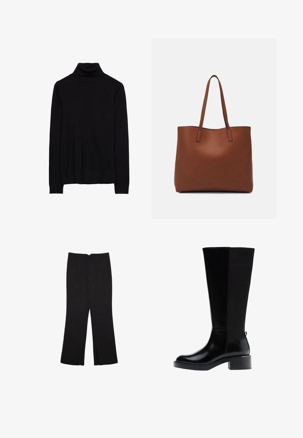 Crna dolčevita od mekog pletenog materijala. Ima duge rukave i rebraste manžete i rub. Jednostavan, klasičan dizajn bez uzoraka.; Crne hlače ravnog kroja, s prednjim džepovima i bočnim prorezima na rubu. Izrađene od mekog i glatkog materijala. Pogodne za razne prigode.; Crna čizma do koljena s glatkom kožnom završnom obradom, istaknutim šavovima, masivnom petom i teksturiranim stražnjim panelom za dodatni interes.; Smeđa kožna torba preko ramena s glatkom teksturom, otvorenim vrhom i dvjema naramenicama. Ima minimalne šavove i nema vidljivog hardvera.