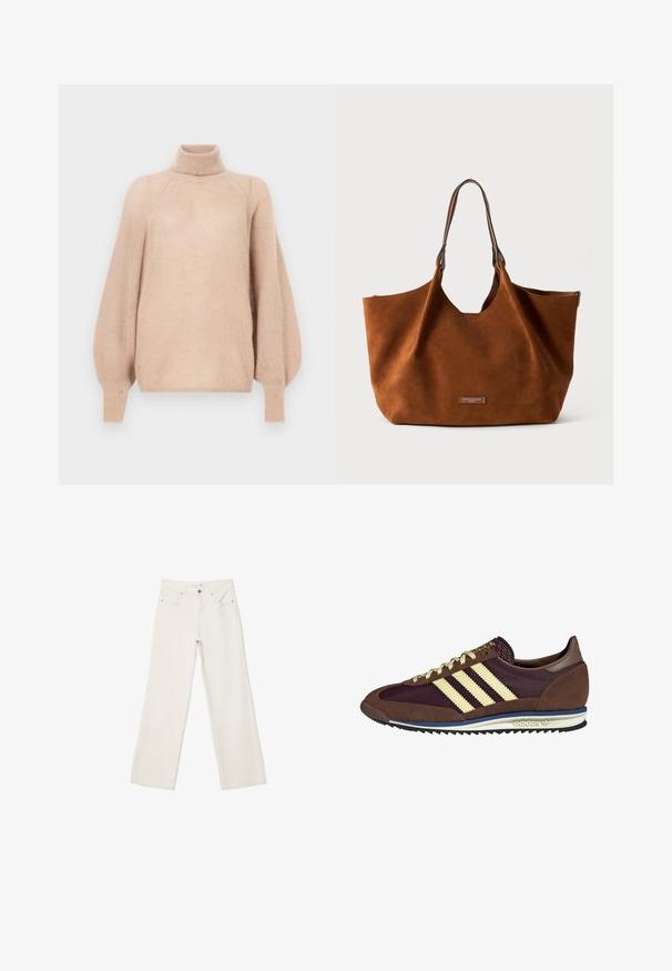 Hellrosa, übergroßer Pullover aus weichem, strukturiertem Material. Er verfügt über einen hohen Kragen und lange, ballonartige Ärmel mit enganliegenden Bündchen.; Weiße lässige Jeans aus Denim mit hochgeschnittenem Bund, Fronttaschen und Knopfverschluss. Schlichtes Design mit minimalen Akzenten.; Braune und burgunderfarbene Sneaker aus Wildleder und Mesh-Materialien, mit drei cremefarbenen Streifen, strukturiertem Stoff an der Zunge und einer Gummisohle.; Braune Wildleder-Tasche mit weicher Textur, großer Form und verlängerten Lederträgern. Verfügt über eine Logo-Plakette auf der Vorderseite.