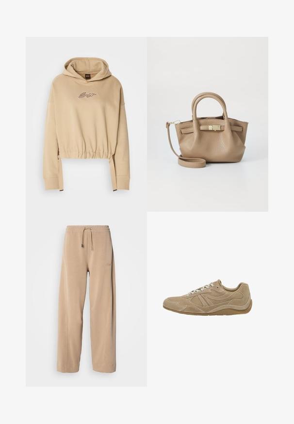 Béžová zkrácená mikina s kapucí vyrobená z měkké tkaniny s tkaničkou v dolním lemu. Obsahuje vyšívané logo na hrudi a elastické manžety.; Bílý dlouhý rukáv tričko vyrobené z měkké bavlny, s kulatým výstřihem a designem s klesajícími rameny, s uvolněným střihem a bez viditelných vzorů.; Béžové kalhoty s širokými nohavicemi vyrobené z měkké tkaniny s elastickým pasem a šňůrkou. Obsahují decentní branding na boku a boční kapsy.; Béžové semišové tenisky s nízkým profilem, texturovaným povrchem a bílými tkaničkami. Mají zakřivený design a gumovou podrážku pro lepší přilnavost.; Hnědá kožená kabelka s dvojitými uchy a odnímatelným ramenním pásem. Má zlatý uzávěr a texturovaný povrch.