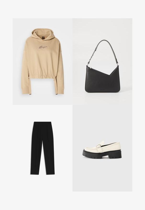 Hoodie cropped beige realizzato in morbido tessuto con orlo regolabile. Presenta un logo ricamato sul petto e polsini elasticizzati.; Pantaloni neri a taglio dritto, con doppie pieghe, una texture liscia e un design classico in vita. Nessun hardware o dettaglio visibile.; Mocassino in pelle bianca con suola platform nera chunky, caratterizzato da una fibbia rettangolare argentata e dettagli di cucitura visibili sulla parte superiore.; Borsa a mano in pelle nera con forma triangolare, una tracolla sottile e accessori in argento. Presenta una chiusura con zip e un logo impresso sul davanti.