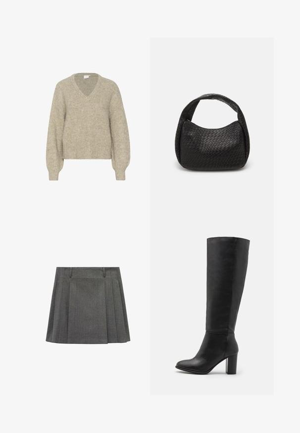 Maglione beige a scollo a V realizzato in morbido tessuto a maglia testurizzata. Presenta maniche lunghe e un'orlo corto con polsini a costine e una vestibilità morbida.; Gonna grigia a pieghe realizzata in tessuto testurizzato, con strisce verticali, una vita con passanti per cintura e una silhouette a campana.; Stivali neri alti fino al ginocchio in pelle liscia, con tacco spesso e punta arrotondata. Design minimalista senza hardware o decorazioni visibili.; Pieces PCSANNA BRAIDED SHOULDER BAG - Borsa a mano - black