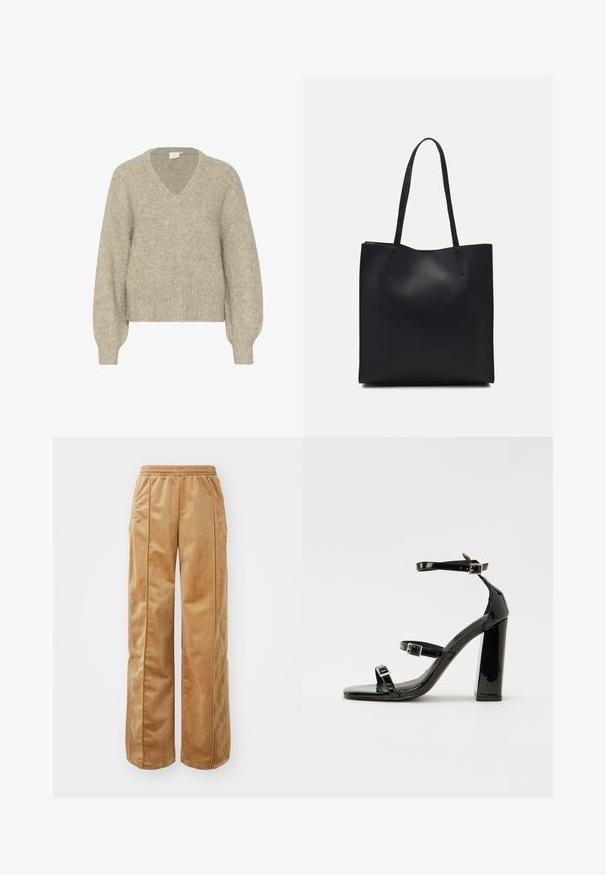 Beige v-ringad tröja i mjukt, texturerat stickat tyg. Har långa ärmar och en kortad fåll med ribbad manschetter samt en avslappnad passform.; Kraftiga vida byxor i mjukt, sammetsliknande material. Har en elastisk midja och vertikala sömmar fram för extra detalj.; Svarta lackerade klacksandaler med fyrkantig tå, ankelremmar och silverfärgade spännen. Har en kraftig blockklack för stabilitet.; Svart lädertoffelväska med slät textur, rektangulär form och två långa handtag. Ingen synlig hårdvara eller dekorationer.