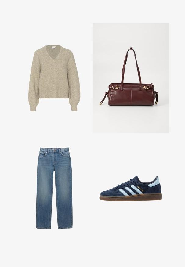 Pulover bej cu decolteu în V, realizat dintr-un material tricotat moale și texturat. Are mâneci lungi și o tăietură scurtă cu manșete ribotate și o croială lejeră.; Jeans din denim albastru deschis cu croială dreaptă, cinci buzunare și accesorii de nuanță cupru. Materialul are o ușoară decolorare și o textură netedă.; Adidași din suede bleumarin cu dungi albastre deschise, talpă din gumă, tabul de călcâi bleu deschis și branding-uri aurii "Spezial" pe lateral.; Geantă de mână din piele burgundy, cu două bretele pentru umăr, accesorii din metal auriu și închidere cu fermoar. Prezintă o textură netedă și detalii de cusătură subtile.