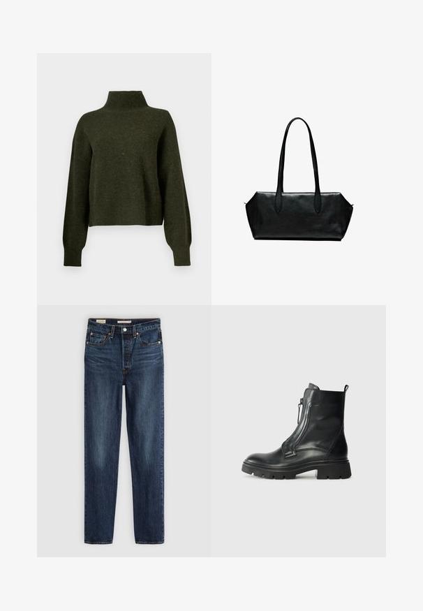 Olivengrøn, cropped sweater med høj hals og lange, løse ærmer. Fremstillet af blødt materiale med en let fuzzy tekstur.; Hvid langærmet skjorte med knap-åbning og krave samt en enkelt brystlomme, let buet kant, præsenteret på en hvid baggrund.; Mørkeblå lige ben jeans med fem lommer, knap- og lynlås lukning samt kontrastsyninger.; Sort læder ankelstøvle med en kraftig gummisål, sidelukning med lynlås, glat tekstur og en let afrundet tå. Minimalistisk design uden mønstre.; Sort læderhåndtaske med lange håndtag, rektangulær form, glat tekstur og skrå sider, der har et minimalistisk design uden synligt hardware.