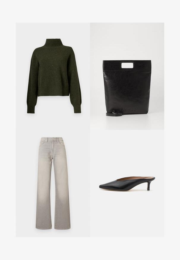 Alyvuogių spalvos, trumpas megztinis su aukštu kaklu ir ilgomis, plačiomis rankovėmis. Pagamintas iš minkštos medžiagos su švelniu pūkeliu.; Pilki plačių kojų džinsai su išblukusiu apdailos efektu, mygtukų uždarymu, penkių kišenių dizainu ir siuvinėjimu palei siūles.; Juodi odiniai mulesai su smailiu pirštu ir žemu blokuotu kulnu. Lygi tekstūra su elegantišku dizainu. Atviras gale, su minimaliu dekoru.; Juoda odinė rankinė su kvadratiniu rankenu, su tekstūruotu paviršiumi ir įspaustu logotipu. Įeina nusiimama diržas.
