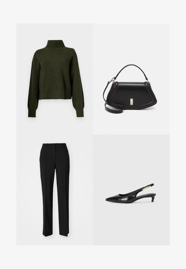 Maslinasto zelena, skraćena dukserica s visokim izrezom i dugim, širokim rukavima. Izrađena od mekane tkanine s lagano pahuljastom teksturom.; Crne krojene hlače ravnog kroja, s glatkom teksturom i oštrim pregibima naprijed. Bez vidljivih metalnih dijelova.; Crne kožne sandale s petom, s izduženim vrhom, imaju usku petu i zlatni akcent na podesivoj traci. Glatka tekstura.; Crna kožna torba s strukturiranim dizajnom, s krojenim oblikom, gornjom drškom i zlatnim detaljima. Uključena je podesiva ramena traka.