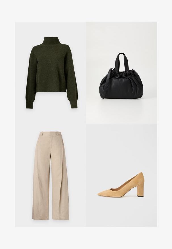 Olive roheline, lühendatud särk kõrge kaelusega ja pikkade, lohvaka varrukatega. Valmistatud pehmest materjalist, millel on veidi karvane tekstuur.; Bežist lõngast laiad püksid kõrge vöökohaga, sujuva tekstuuri ja lihtsate joontega, loodud mugavaks istuvuseks.; Beežist nubukist kõrge kontsaga kingad, millel on terav nina ja massiivne plokkkonts. Materjal on pehme tekstuuriga ja sileda pinnaga.; Mustmust mustkott mustrihmaga ülaosa disainiga, millel on kaks lühikest käepidet ja pikk reguleeritav rihm. Sile tekstuur, ümar kuju.