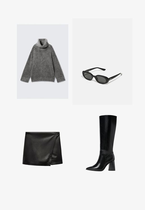 Šedý rolák vyrobený z měkké, chlupaté pleteniny. Má dlouhé rukávy, volný střih a široký, překládaný límec.; Černá kožená mini sukně s překládaným designem, vyznačující se hladkou texturou a minimalistickým stylem. Žádná viditelná kovová části nebo vzory.; Černé kožené boty po kolena s špičatou špičkou, hladkým povrchem a robustním vroubkovaným podpatkem pro stabilitu. Elegantní design s minimálními akcenty.; Černé sluneční brýle s oválnými objektivy, lesklý plastový rám a štíhlé nožičky. Na boku se nachází bílé logo Ray-Ban.