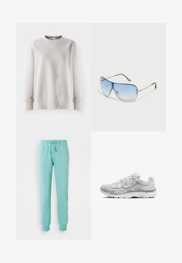 Lys grå sweatshirt med rund hals, lange ermer, ribbede mansjetter og kant. Har en liten hvit Nike-logo på brystet. Jevn tekstur.; Mintgrønne sweatpants med elastisk talje, snøre og ribbede manchetter. Har et lille hvidt Nike-logo på venstre lår.; Lys grå sportsko med overdel i mesh og syntetisk materiale, med snøring, polstret krave og strukturert såle for grep.; Pilotbriller med gradient blå linse, sølvfarget metallramme og dekorative stjerneaksenter på linsen. Glatt og stilren design.