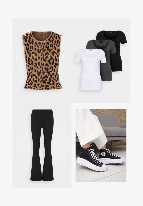 Kameru bez piedurknēm rozā krāsā ar melnu leopardu rakstu, apaļo apkakli un diviem zelta pogu akcentiem uz pleca.; Trīs pieguļoši T-krekli baltā, pelēkā un melnā krāsā. Katram ir plaša izgriezuma kakla un īsas piedurknes. Izgatavoti no gluda, elastīga auduma.; Melnas izplešanās bikses, izgatavotas no elastīga auduma, ar augstu vidukli un gludu tekstūru. Bikses izvēršas no ceļa.; Melni kanvas augstpapēžu apavi ar baltām gumijas zolēm un auklām. Ievērojams aplis logotips sānos un kontrastējoša balta šuvums.