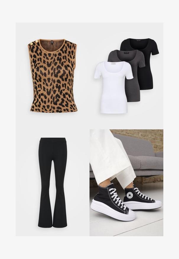 Kreminė be rankovių megzta palaidinė su juodu leopardiniu raštu, apvaliu iškirpimu ir dviem auksiniais mygtukų akcentais ant peties.; Trys priderinti marškiniai: balti, pilki ir juodi. Kiekvienas turi plačią apvalią iškirptę ir trumpas rankoves. Pagaminti iš lygaus, tamprių audinio.; Juodai platėjantys kelnių, pagamintų iš tamprių medžiagų, kurie turi aukštą juosmenį ir lygią tekstūrą. Kelnės platėja nuo kelio.; Juodi aukštakulniai sportbačiai su baltais guminiu padu ir raišteliais. Ant jų yra apvalus logotipo lopas ir kontrastingos baltos siūlės. Pagaminti iš drobės medžiagos.